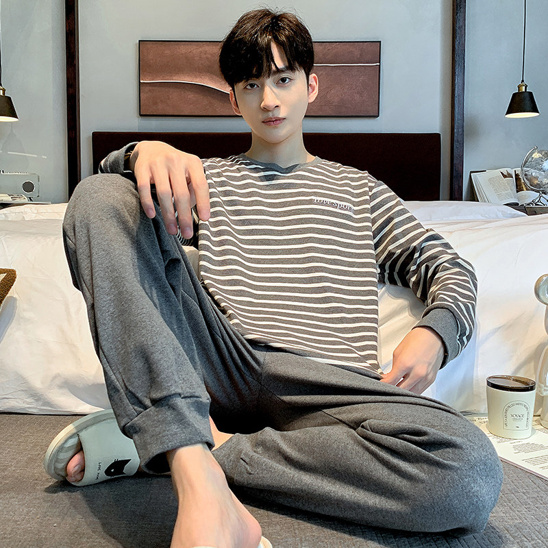 2025年男士睡衣男款春秋冬季纯棉长袖条纹休闲宽松大码家居服套装