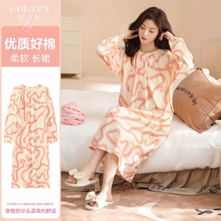 100%纯棉长袖睡裙女士春秋季简约长裙柔软家居服可外穿防螨防静电