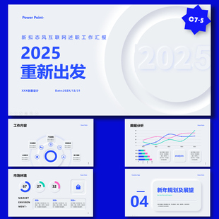 【重新出发】2025年新拟态浮雕白蓝色调互联网产品汇报PPT模板