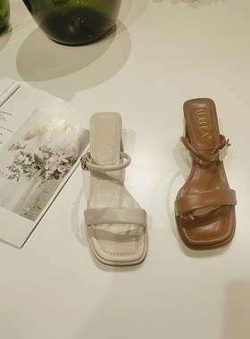 路贝佳女鞋方头粗跟一字带凉鞋L24341D-23