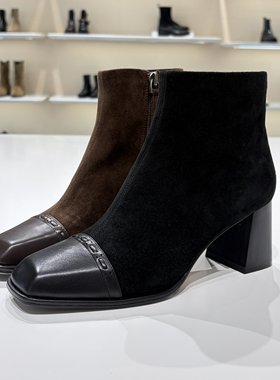 路贝佳女鞋2025新款方头粗跟拼接时尚百搭L25976F-22