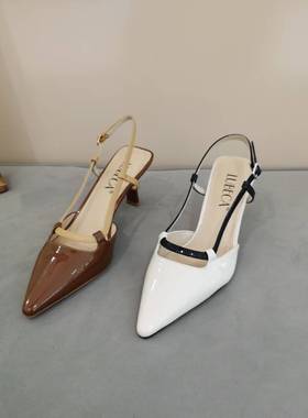 路贝佳女鞋尖头细跟漆皮后空包头凉鞋L24345B-06