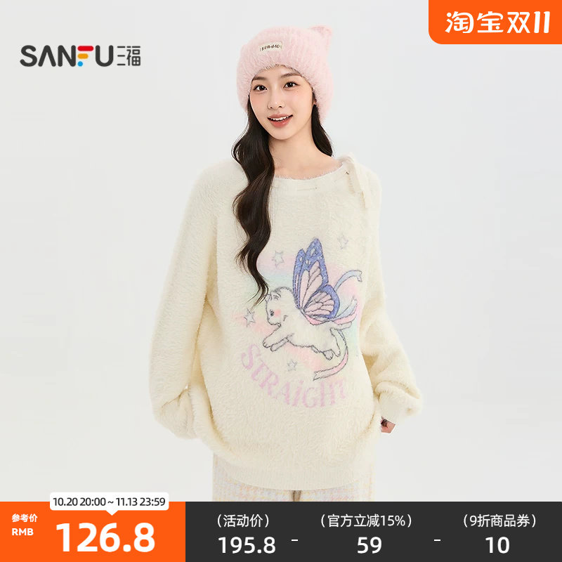 三福毛衫2026冬季猫咪图案热转印花蝴蝶结绑带上衣女装528093