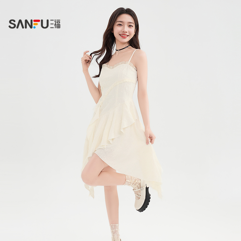 三福雪纺吊带不规则连衣裙2025夏季网纱拼接收腰散摆短裙女500257