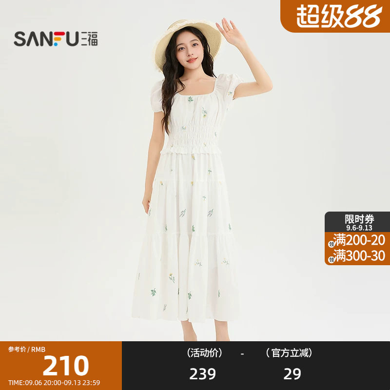 三福连衣裙2026夏季打揽满版碎花收腰方领裙子女装524154图片