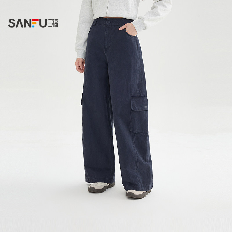 三福休闲裤2026春季侧边口袋宽松弯刀裤工装风长裤女装515919