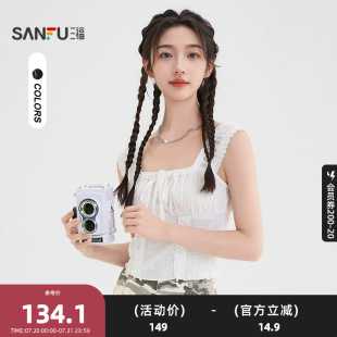 三福短衬衫 502305 2025夏季 蝴蝶结绑带蕾丝花边方领上衣女装