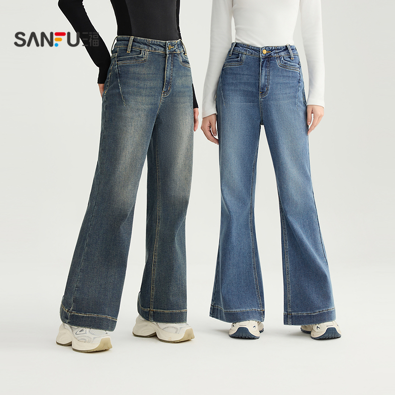三福牛仔裤2025冬季复古配件喇叭裤高腰抓毛长裤女装506889