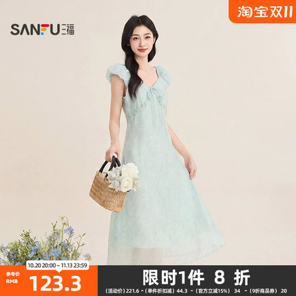 三福连衣裙2026夏季胸前绑带木耳边V领收腰花苞袖裙女装527200