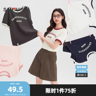 三福短袖T恤女2026夏季撞色圆领绒面英文发泡印花上衣女装514730