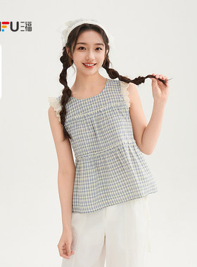 三福短衬衫2026夏季蕾丝拼小飞袖棉布娃娃圆领上衣女装520656