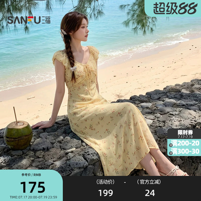 三福碎花连衣裙2026夏季绑带装饰V领木耳花边收腰长裙女装527172