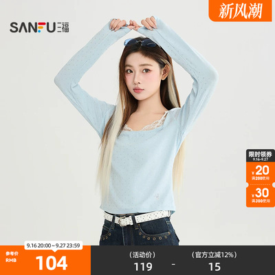 三福长T恤2026秋季蕾丝领口印花烫银爱心紧身上衣女装529450