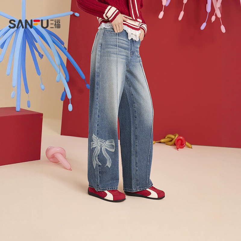 三福牛仔裤2026春季蝴蝶结印花复古洗水弯刀裤裤子女装517549,女装/女士精品,牛仔裤,淘宝优惠券,粉丝福利购,淘宝优惠卷