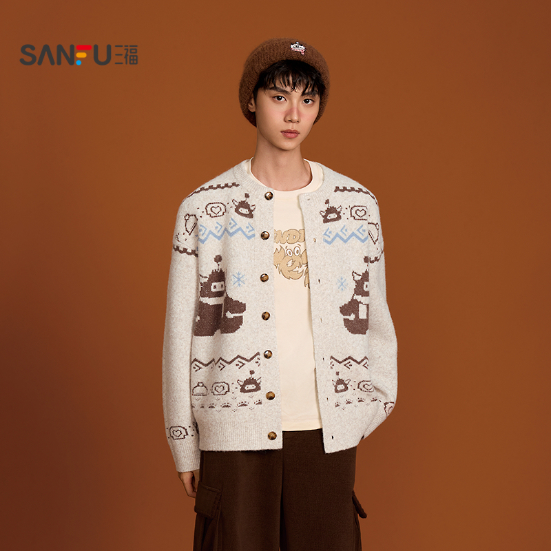 三福2025冬季男士趣味大雪怪开衫毛衣外套男费尔岛宽松上衣516430