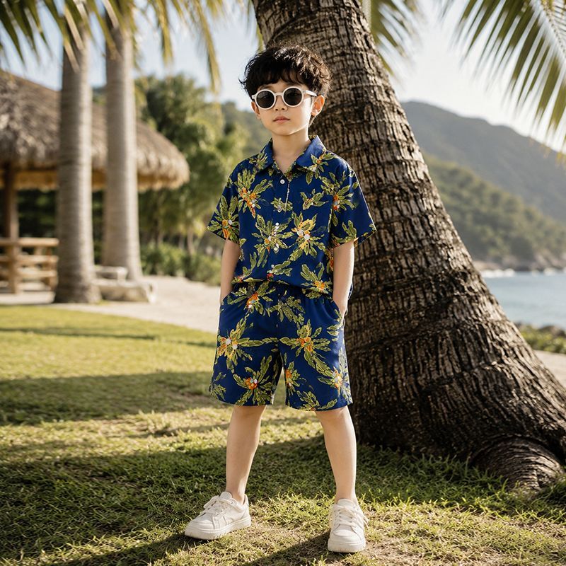 男童海边穿搭宝宝夏套装花衬衫短裤夏季童装儿童沙滩服夏威夷衣服图片