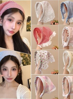 田园风蕾丝发箍女新款高炉顶三角巾头箍法式复古格子甜美可爱头巾
