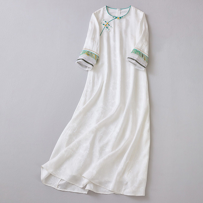 中国风2025新中式白色茶服人丝提花宽松圆领汉服改良禅服女连衣裙