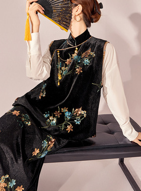 2026新中式老钱风复古重工亮片繁花丝绒显瘦鱼尾裙马甲套装 N1005