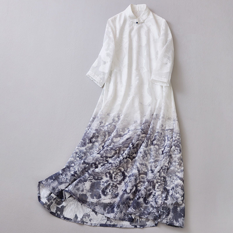 禅茶服优雅国风汉服裙新中式白色宽松长裙天丝剪花立领茶服连衣裙