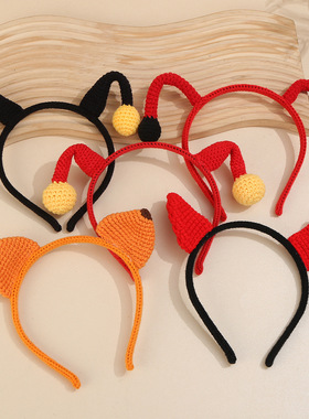 韩版可爱针织发箍小恶魔手工钩织女生洗脸发箍外出街拍装饰头饰