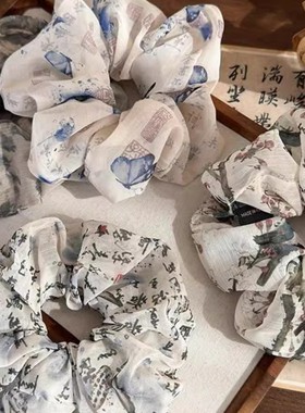 新中式水墨书法千字文蝴蝶大肠发圈新款学院复古国潮头饰发绳