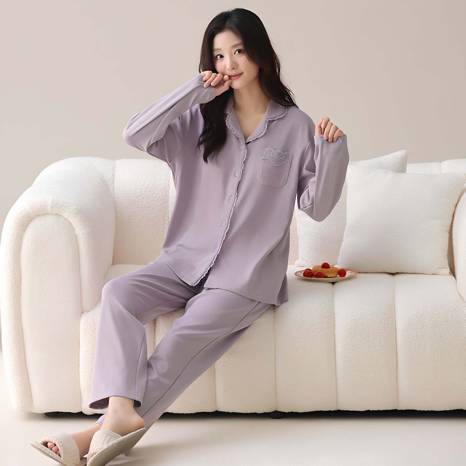 纯棉睡衣套装女春秋季带胸垫长袖家居服2026新款高级感大码可外穿