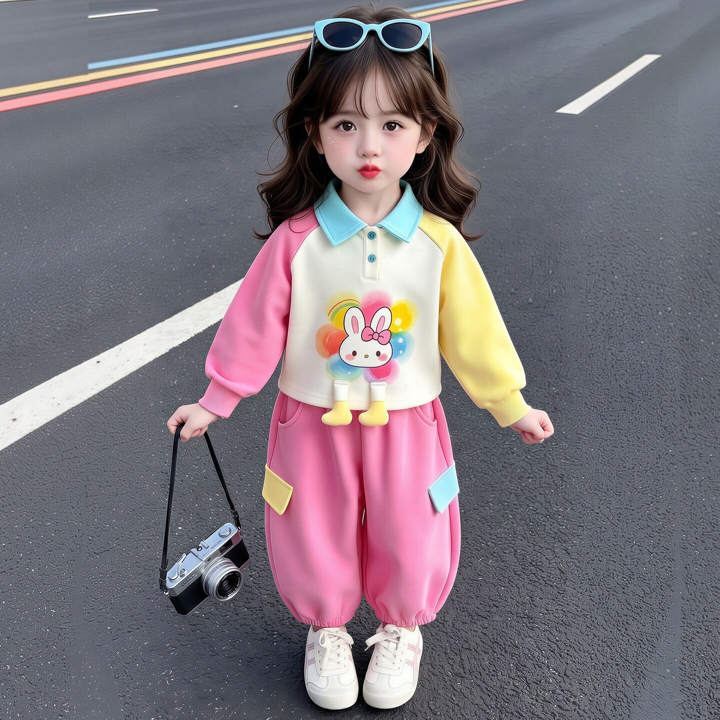 卡通兔子女童撞色POLO套装
