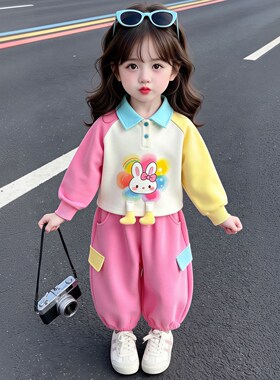 卡通兔子女童撞色POLO套装
