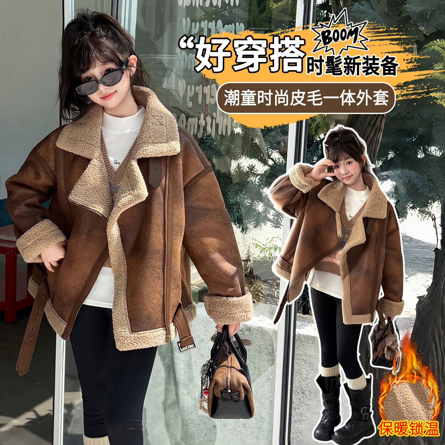 女童皮毛一体翻领外套冬季洋气