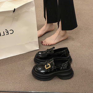 季天大东乐福鞋女2023新款厚底一脚蹬小皮鞋英伦风黑色软底单鞋女