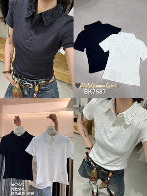 十三行欧货女装EMPRESS钩花镂空拼接Polo衫女翻领短袖T恤针织衫