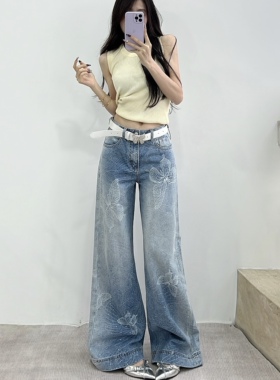 十三行欧货女装MK-MZ蝴蝶提花重工烫钻直筒牛仔裤女休闲阔腿裤