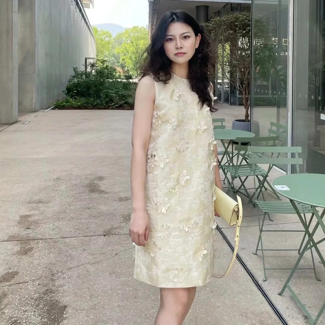 江南家缎面提花宫廷风新中式无袖连衣裙中长裙立体花卉礼服裙
