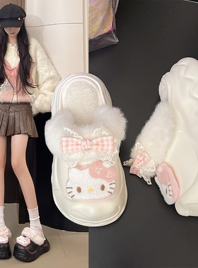 两穿可拆卸~！草莓kt猫ins可爱包跟棉鞋女厚底外穿增高保暖棉拖