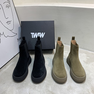 TWTW时尚 磨砂皮马丁靴女ins一脚蹬弹力切尔西短靴百搭圆头厚底靴
