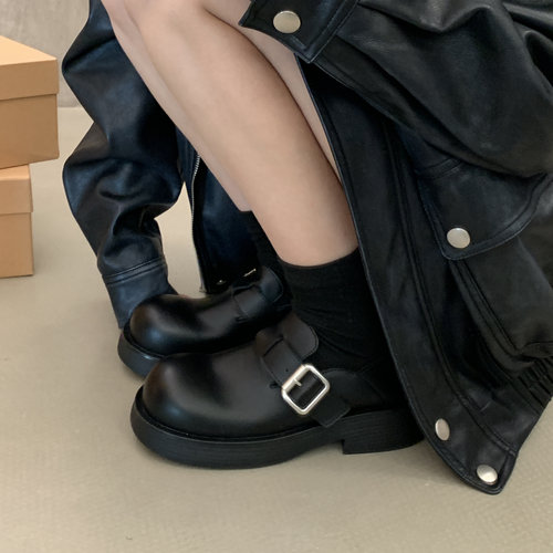 SGIRL TWTW百搭黑色乐福鞋女时尚皮带扣大头休闲单鞋轻便小皮鞋潮