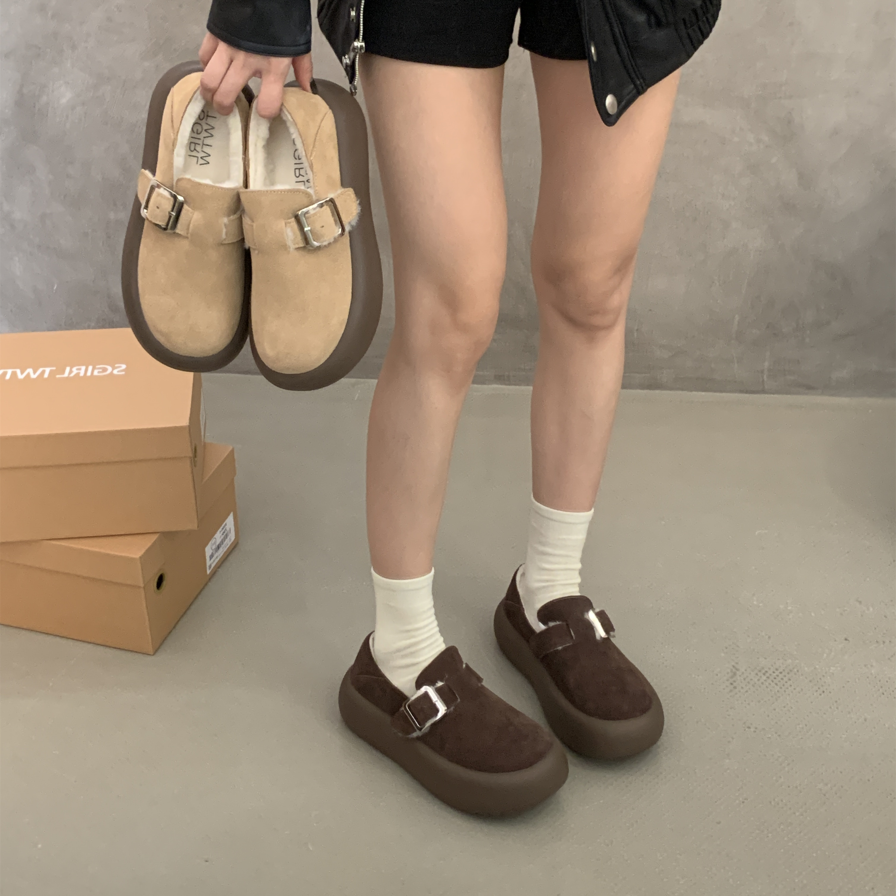 SGIRL TWTW厚底勃肯鞋女2024秋冬穆勒鞋女加绒增高一脚蹬休闲板鞋