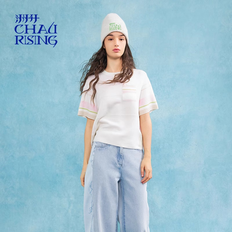 洲升/CHAU.RISING2025秋季新款短款百搭彩色条纹羊毛短袖上衣女士