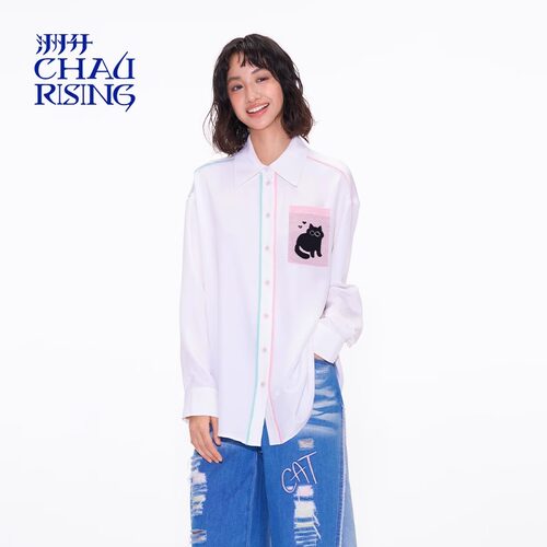CHAU.RISING/洲升2025春季新款学院风羊毛贴袋撞边真丝衬衫上衣女