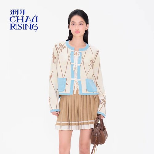 CHAU.RISING/洲升2025春季新款双面两穿提花系带短羊毛开衫上衣女