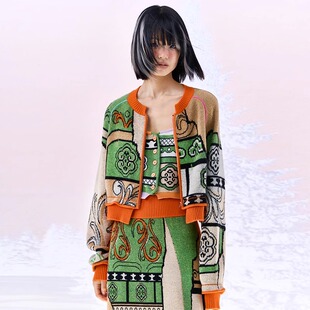 外套2023秋冬新款 设计师CHAU.RISING 洲升如意云纹撞色羊毛短开衫