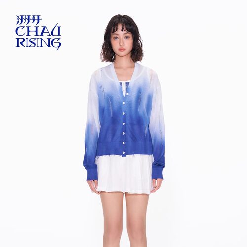 CHAU.RISING/洲升2025夏季可露丽穿搭渐变手工印花v领棉开衫上衣