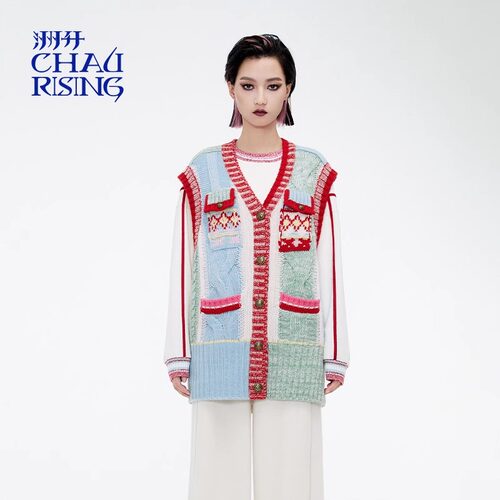 洲升/CHAU.RISING冬季新款撞色长款拼接羊毛开衫马甲外套上衣