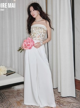 MAI DIRE MAI设计感抹胸珠片上衣宽松直筒西裤女2024新款气质套装