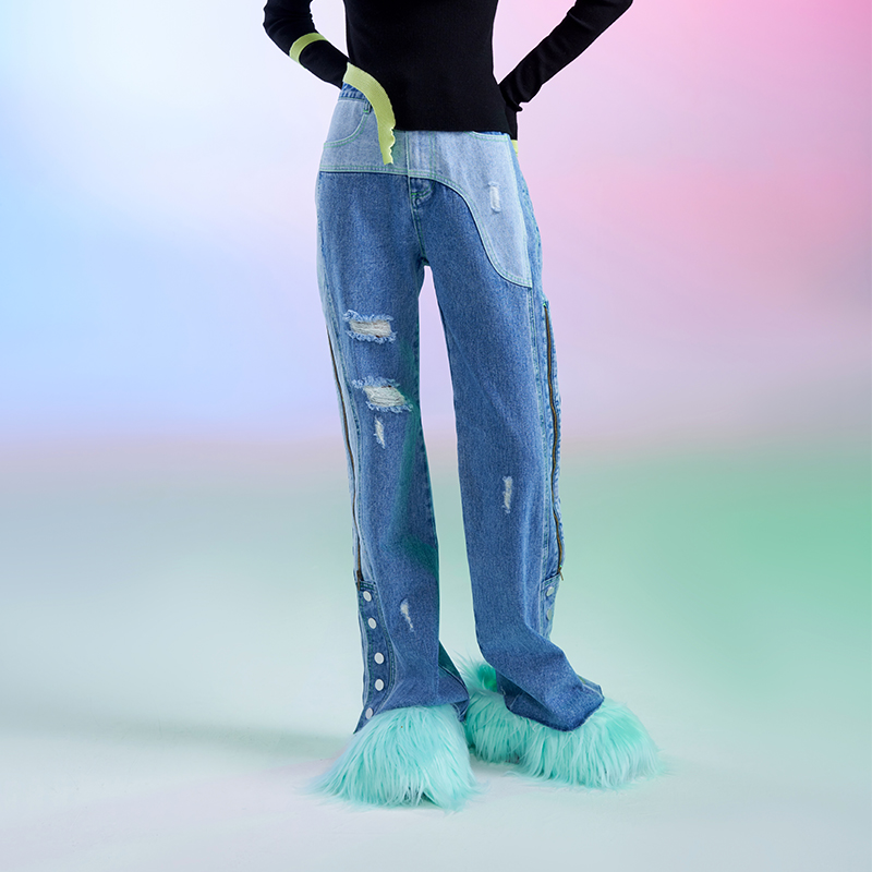 破洞拉链设计百搭牛仔阔腿裤长裤