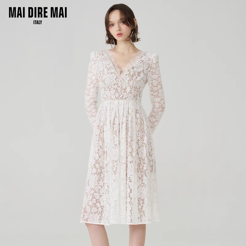 MAI DIRE MAI小众设计浪漫珍珠蕾丝连衣裙2024春装新款女气质长裙