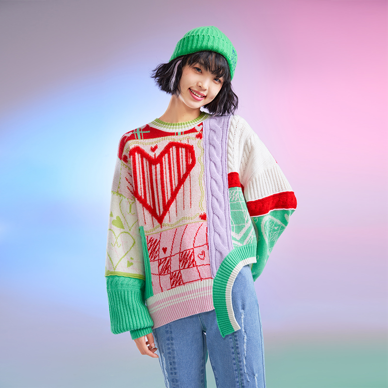 个性拼接爱心不规则羊绒女衫