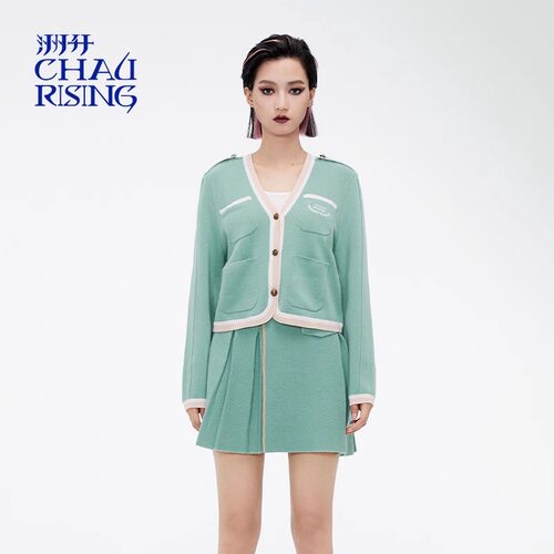 CHAU.RISING/洲升2024秋冬箱型撞边羊毛绣花开衫外套上衣百褶半裙