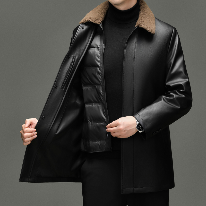 海宁中青年秋冬皮衣可拆卸羽绒内胆毛领老年中长款皮夹克PU外套男